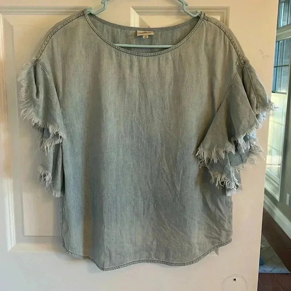 AG Adriano Goldschmied Women's Blue Shannon Denim Ruffle Shirt Top Size S - Picture 2 of 8